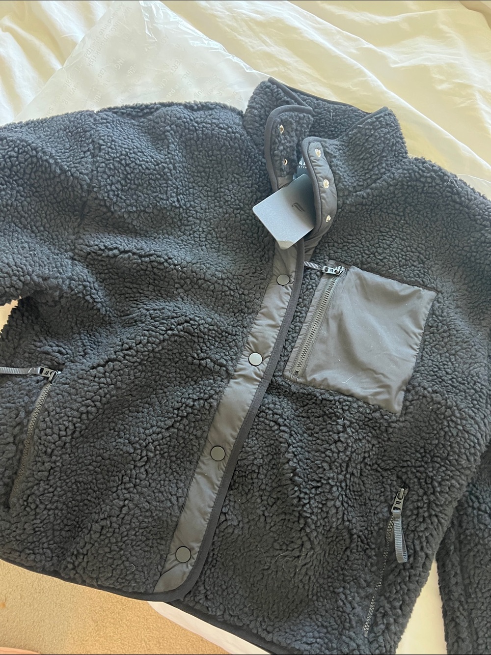 Fabletics Black Sherpa Puffer Jacket with Zip Chest Pocket